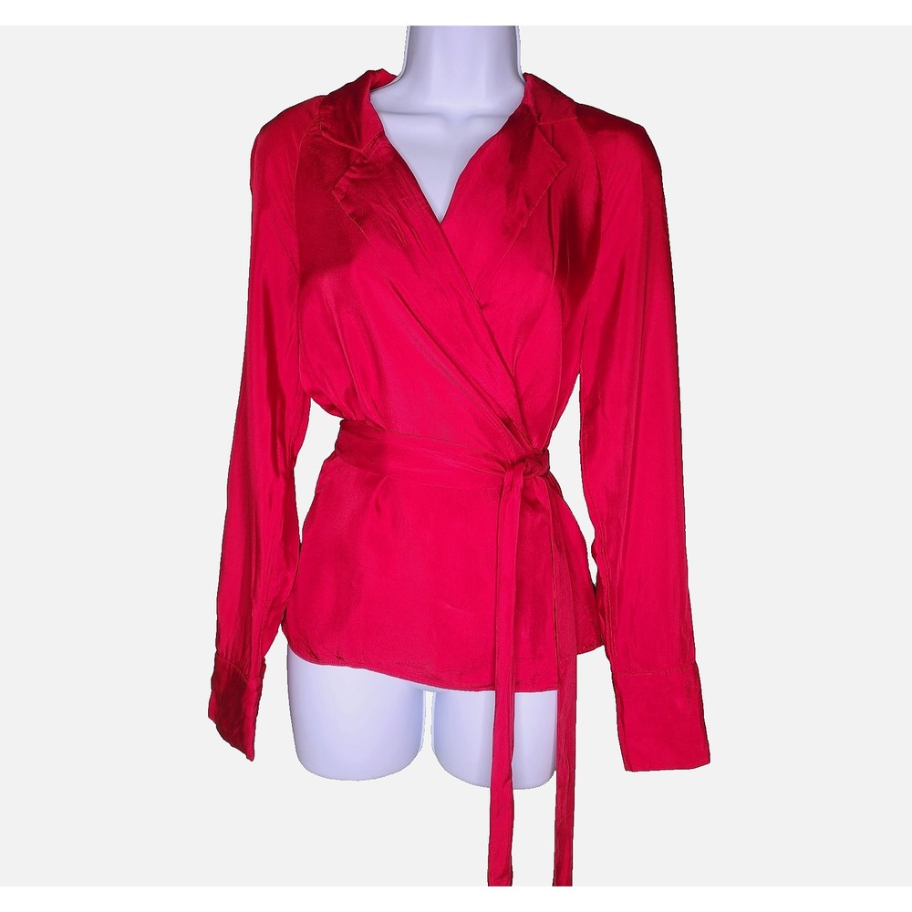Banana Republic Wrap‎ Top S Red Long Sleeve V-Neck Silky Satin